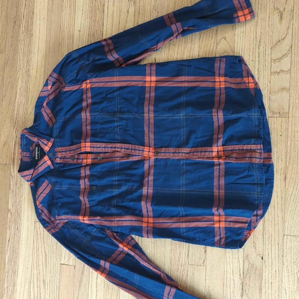 Men's Express button down blue and orange shirt size large